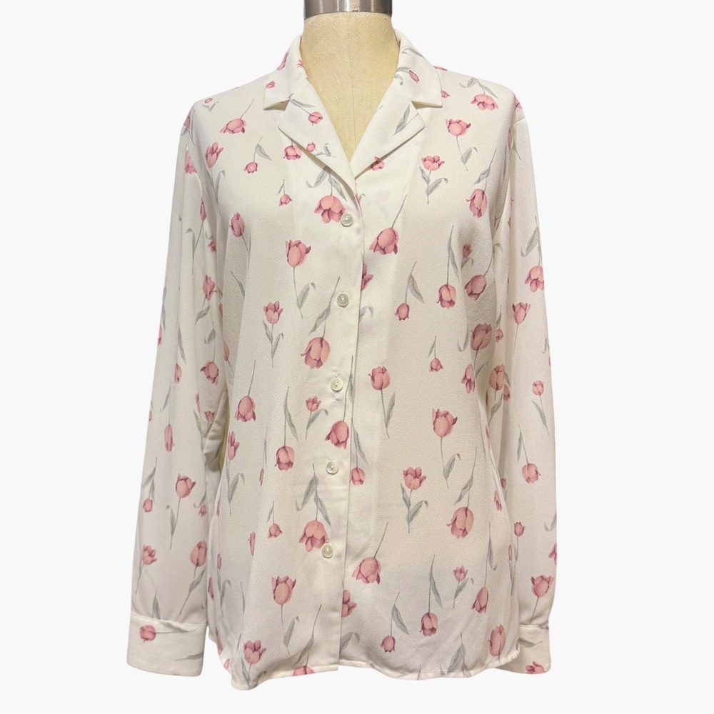 VTG Talbots 14P Top Cream Pink Tulip Floral Buttoned Cottagecore Romantic Femme